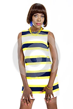 Beautiful Young African Woman Dressed in Striped Casual Dress