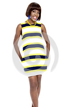 Beautiful Young African Woman Dressed in Striped Casual Dress