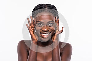 Beautiful Young african Woman Touching Her Face. Fresh Healthy Skin isolated on White background