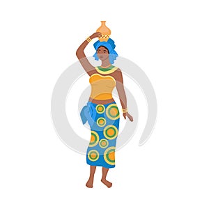 Beautiful young African woman in traditional bright national clothes carrying jug on her head cartoon vector