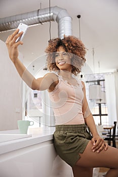 Beautiful young afro american woman texting on mobile phone at home.