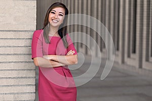 Beautiful young asian female business student, law, mba, smiling cheerful on campus university photo