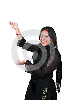 A beautiful young Asian girl presenting.