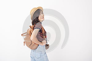 Beautiful young asian tourist woman happy on white background studio