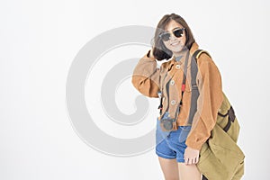 Beautiful young asian tourist woman happy on white background studio