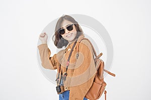 Beautiful young asian tourist woman happy on white background studio