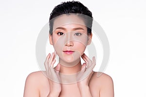 Beautiful Young Asian Woman with Clean Fresh Skin. Face care, Facial treatment, Cosmetology, beauty and healthy skin and cosmetic