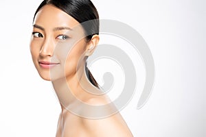 Beautiful Young Asian Woman with Clean Fresh Skin. Face care, Facial treatment, on white background, Beauty and Cosmetics Concept