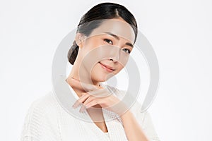 Beautiful Young Asian Woman with Clean Fresh Skin. Face care, Facial treatment, on white background, Beauty and Cosmetics Concept