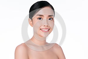 Beautiful Young Asian Woman with Clean Fresh Skin. Face care, Facial treatment, on white background, Beauty and Cosmetics Concept