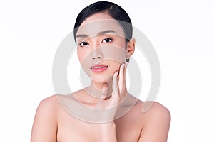 Beautiful Young Asian Woman with Clean Fresh Skin. Face care, Facial treatment, on white background, Beauty and Cosmetics Concept