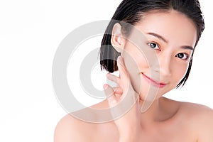 Beautiful Young Asian Woman with Clean Fresh Skin. Face care, Facial treatment, on white background, Beauty and Cosmetics Concept