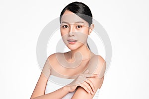 Beautiful young asian woman with clean fresh skin on white background, Face care, Facial treatment, Cosmetology, beauty and spa,