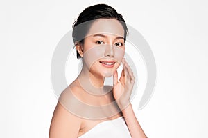 Beautiful young asian woman with clean fresh skin on white background, Face care, Facial treatment, Cosmetology, beauty and spa,