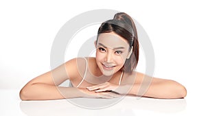 Beautiful young asian woman with clean fresh skin on white background, Face care, Facial treatment, Cosmetology, beauty and spa,