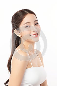 Beautiful young asian woman with clean fresh skin on white background, Face care, Facial treatment, Cosmetology, beauty and spa,