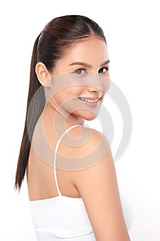 Beautiful young asian woman with clean fresh skin on white background, Face care, Facial treatment, Cosmetology, beauty and spa,