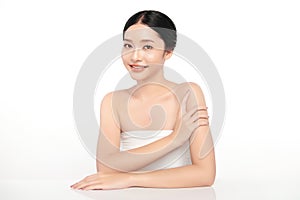 Beautiful young asian woman with clean fresh skin on white background, Face care, Facial treatment, Cosmetology, beauty and spa,