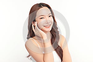 Beautiful young asian woman with clean fresh skin on white background, Face care, Facial treatment, Cosmetology, beauty and spa,