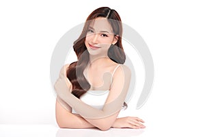 Beautiful young asian woman with clean fresh skin on white background, Face care, Facial treatment, Cosmetology, beauty and spa,