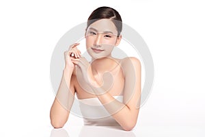 Beautiful young asian woman with clean fresh skin on white background, Face care, Facial treatment, Cosmetology, beauty and spa,