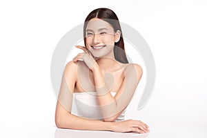 Beautiful young asian woman with clean fresh skin on white background, Face care, Facial treatment, Cosmetology, beauty and spa,