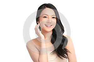 Beautiful young asian woman with clean fresh skin on white background, Face care, Facial treatment, Cosmetology, beauty and spa,