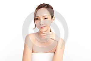 Beautiful young asian woman with clean fresh skin on white background, Face care, Facial treatment, Cosmetology, beauty and spa,