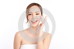 Beautiful young asian woman with clean fresh skin on white background, Face care, Facial treatment, Cosmetology, beauty and spa,