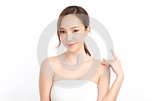 Beautiful young asian woman with clean fresh skin on white background, Face care, Facial treatment, Cosmetology, beauty and spa,