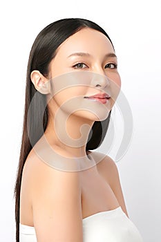 Beautiful young asian woman with clean fresh skin on white background, Face care, Facial treatment, Cosmetology, beauty and spa,