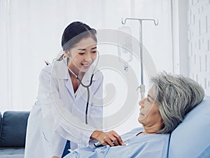 A beautiful young Asian woman doctor in white suit smiled while using stethoscope to examine.