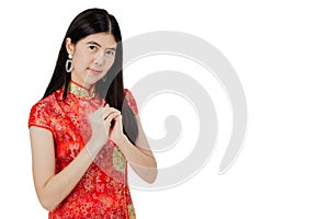 Beautiful young Asian woman with gesture of congratulation