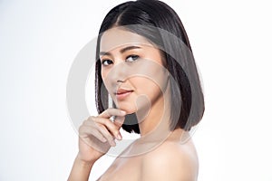 Beautiful Young Asian Woman short hair  with Clean Fresh Skin. Face care, Facial treatment, Cosmetology, beauty and healthy skin