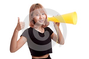 Beautiful young Asian woman show thumbs up announce with megaphone.