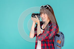 Beautiful young asian woman smiling is journalist photographer wear fashion travel summer