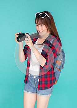 Beautiful young asian woman smiling is journalist photographer wear fashion travel summer