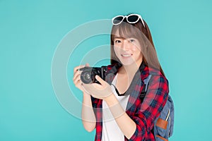 Beautiful young asian woman smiling is journalist photographer wear fashion travel summer