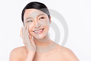 Beautiful Young  Asian Woman touching her clean face with fresh Healthy Skin, isolated on white background, Beauty Cosmetics and