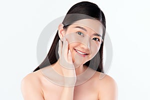 Beautiful Young  Asian Woman touching her clean face with fresh Healthy Skin, isolated on white background, Beauty Cosmetics and