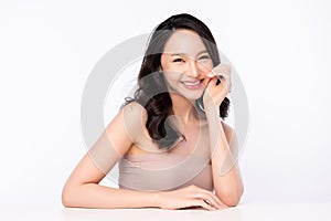 Beautiful Young  Asian Woman touching her clean face with fresh Healthy Skin, isolated on white background, Beauty Cosmetics and