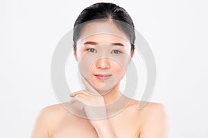 Beautiful Young asian Woman touching her clean face with fresh Healthy Skin, isolated on white background, Beauty Cosmetics and