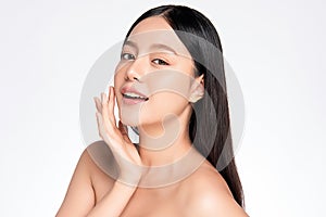 Beautiful Young asian Woman touching her clean face with fresh Healthy Skin,  on white background, Beauty Cosmetics and