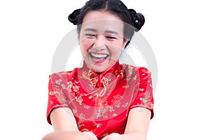 Beautiful Young asian woman wearing chinese dress traditional cheongsam or qipao. Received red envelope for gift.