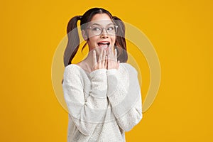Beautiful young asian women feel happiness with positive expression, joyful on Yellow background. Happy adorable glad woman
