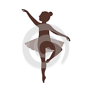 Beautiful young ballerina in tutu standing on toes vector silhouette, cartoon classical ballet dance child performance