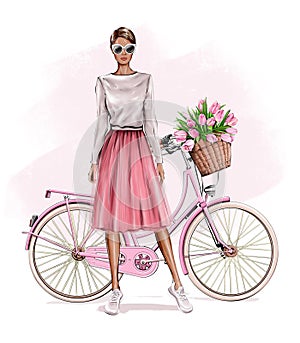 Beautiful young blond hair girl standing near bicycle. Fashion girl. Pretty woman in skirt. Girl in pink fluffy tulle skirt.