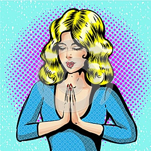 Vector of young girl with magnificent light hairs during prayer. Illustration of praying girl