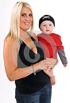 Beautiful young, blonde, female holding her son