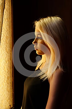 Beautiful young blonde girl. Dramatic portrait of a woman in the dark. Dreamy female look in twilight. Female silhouette.